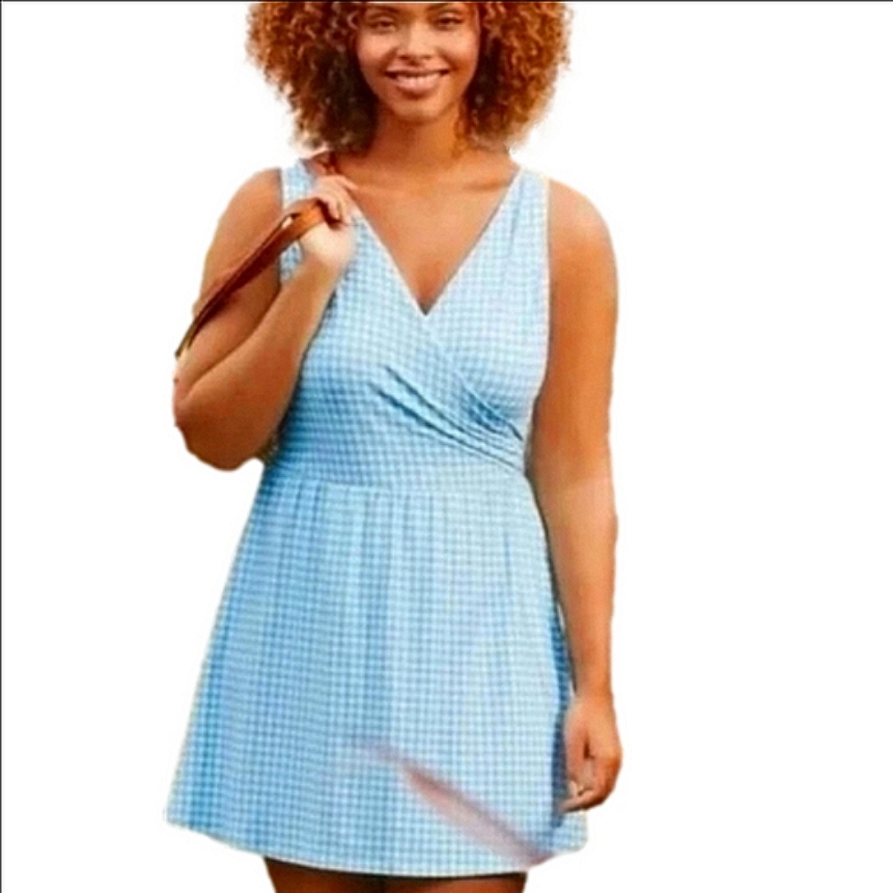 Lands' End Womens Chlorine Resistant Surplice Swim Dress‎ Control Paradise Aqua